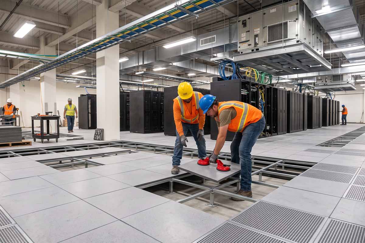 Construction workers installing a raised access floor system in a data center Raised Access Floor Installation Services